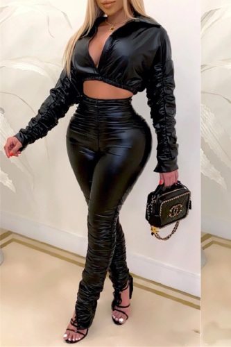 Black Fashion Sexy Solid Fold Turndown Collar Long Sleeve Two Pieces