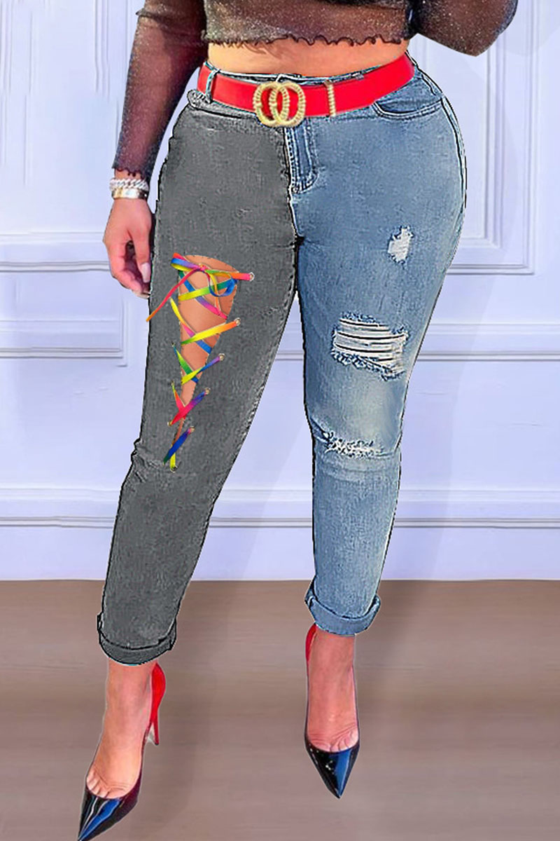 

Blue Casual Street Solid Ripped Bandage Make Old Split Joint High Waist Denim Jeans