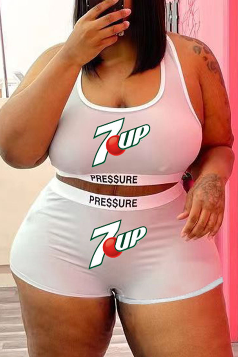 

White Fashion Street Print Split Joint U Neck Plus Size Two Pieces