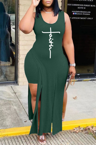 Army Green Fashion Sexy Print Slit Vests U Neck Sleeveless Two Pieces