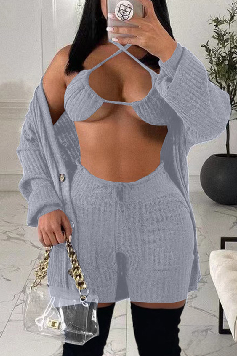 

Grey Fashion Sexy Solid Basic Long Sleeve Three-piece Set