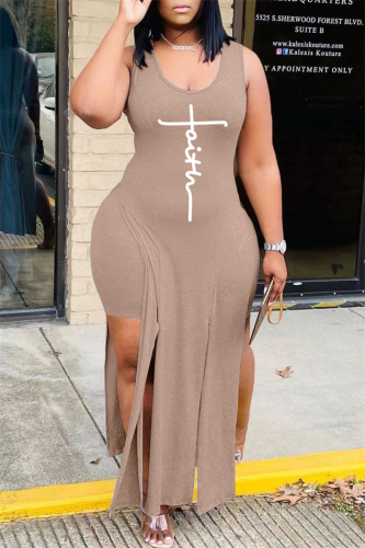 Apricot Fashion Sexy Print Slit Vests U Neck Sleeveless Two Pieces