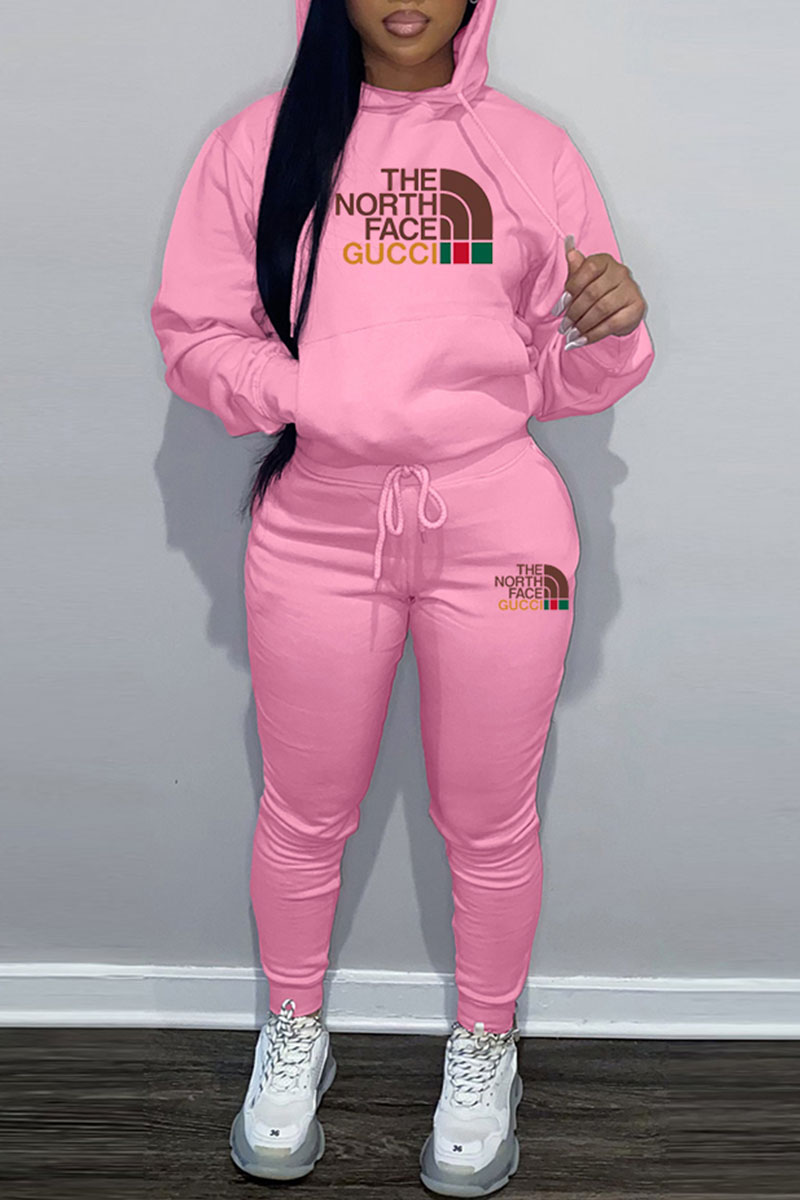 

Pink Fashion Sportswear Print Letter Hooded Collar Long Sleeve Two Pieces