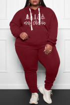 Burgundy Fashion Casual Christmas Tree Printed Basic Hooded Collar Plus Size Two Pieces