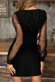 Black Sexy Solid Patchwork See-through V Neck A Line Dresses