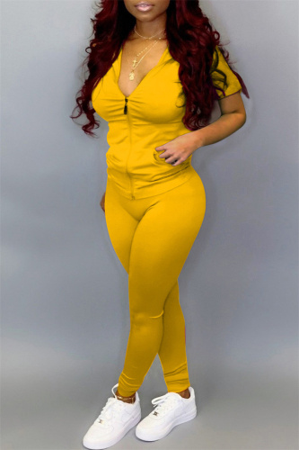 Yellow Fashion Casual Solid Basic Zipper Collar Short Sleeve Two Pieces