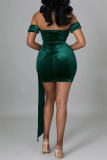 Green Sexy Patchwork Solid See-through Backless Off the Shoulder Short Sleeve Dress