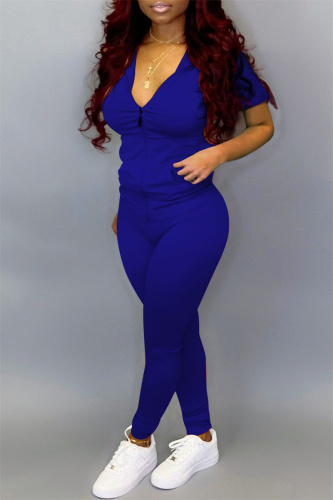 Blue Fashion Casual Solid Basic Zipper Collar Short Sleeve Two Pieces
