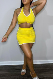 Yellow Sexy Casual Solid Patchwork Backless Halter Sleeveless Two Pieces