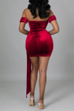 Red Sexy Patchwork Solid See-through Backless Off the Shoulder Short Sleeve Dress