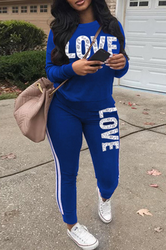 Blue Fashion Casual Letter Print Basic O Neck Long Sleeve Two Pieces