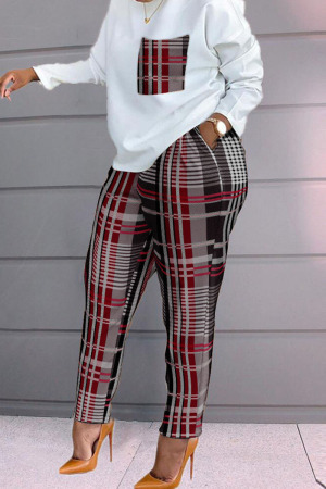 Burgundy Fashion Casual Print Patchwork O Neck Long Sleeve Two Pieces