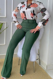 Green Casual Print Patchwork Buckle Mandarin Collar Long Sleeve Two Pieces