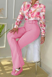 Pink Casual Print Patchwork Buckle Mandarin Collar Long Sleeve Two Pieces