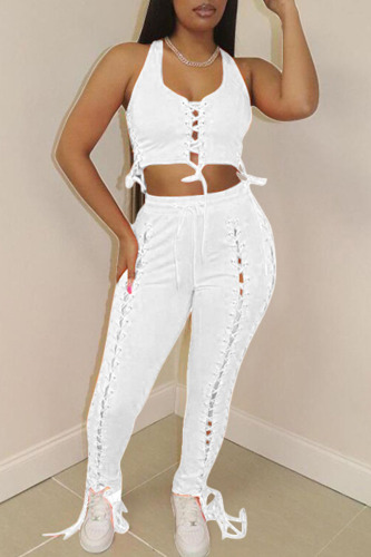 White Casual Street Solid Bandage Hollowed Out Patchwork U Neck Sleeveless Two Pieces