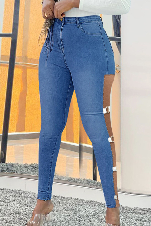 Medium Blue Fashion Casual Solid Hollowed Out High Waist Skinny Denim Jeans