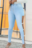 Medium Blue Fashion Casual Solid Hollowed Out High Waist Skinny Denim Jeans