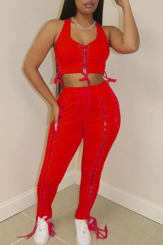 Red Casual Street Solid Bandage Hollowed Out Patchwork U Neck Sleeveless Two Pieces