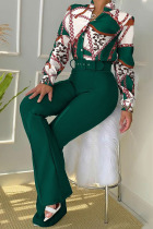 Green Casual Print Split Joint Buckle Mandarin Collar Long Sleeve Two Pieces