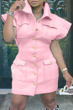 Pink Fashion Casual Solid Patchwork Turndown Collar Dresses