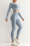 Blue Casual Sportswear Solid Patchwork Skinny Long Sleeved Top Trousers Two-piece Set