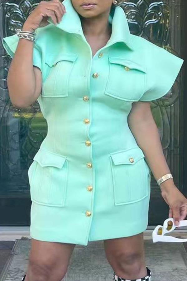 Mint green Fashion Casual Solid Patchwork Turndown Collar Dresses