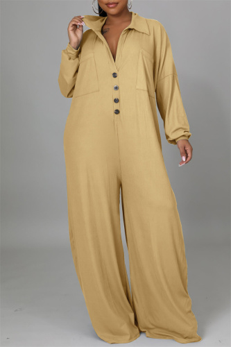 Khaki Fashion Casual Solid Patchwork Turndown Collar Regular Jumpsuits