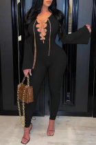 Black Sexy Solid Hollowed Out V Neck Boot Cut Jumpsuits