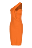 Orange Fashion Sexy Solid Patchwork Backless One Shoulder Sleeveless Dress Dresses