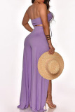 Purple Sexy Solid Patchwork Slit Off the Shoulder Sleeveless Two Pieces