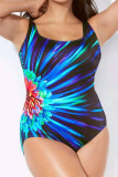 Blue Fashion Sexy Print Backless U Neck Plus Size Swimwear