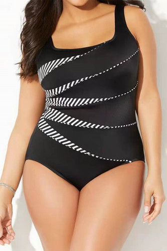 Black Fashion Sexy Print Backless U Neck Plus Size Swimwear