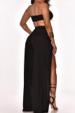 Black Sexy Solid Patchwork Slit Off the Shoulder Sleeveless Two Pieces