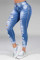Baby Blue Fashion Casual Solid Ripped Mid Waist Skinny Denim Jeans
