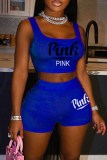 Royal Blue Sexy Casual Letter Print Basic U Neck Sleeveless Two Pieces