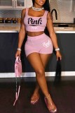 Pink Sexy Casual Letter Print Basic U Neck Sleeveless Two Pieces
