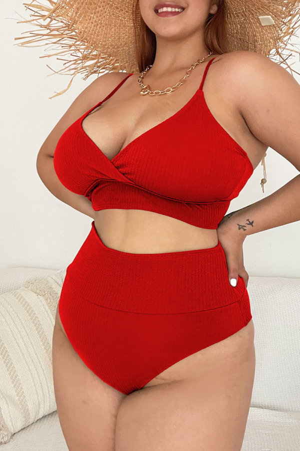 Red Sexy Solid Patchwork Spaghetti Strap Plus Size Swimwear