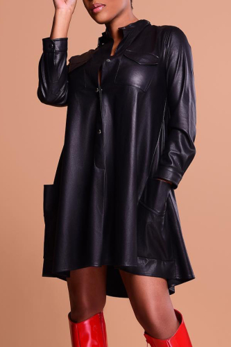 Black Fashion Long Sleeves PU Knee Length Dress