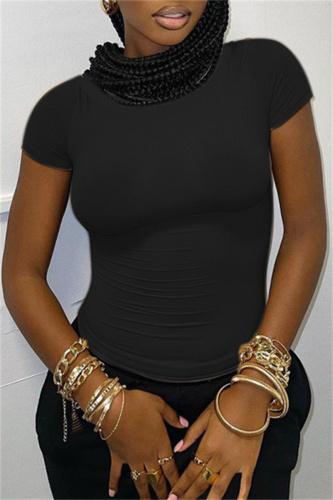Black Fashion Casual Solid Basic O Neck T-Shirts