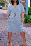 Light Blue Fashion Casual Print Basic V Neck Short Sleeve Dress