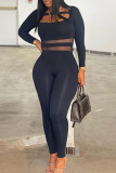 Black Solid Patchwork See-through Square Collar Skinny Jumpsuits