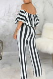 Burgundy Fashion Casual Striped Print Patchwork Off the Shoulder Straight Jumpsuits