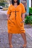 Yellow Fashion Casual Print Basic V Neck Short Sleeve Dress
