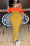Yellow Fashion Sexy Color Lump Patchwork Cut Out Off the Shoulder Wrapped Skirt Dresses