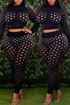 Black Fashion Sexy Solid Hollowed Out See-through O Neck Plus Size Two Pieces