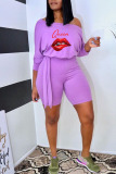 Purple Casual Print Bandage Patchwork Off the Shoulder Straight Rompers