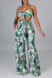 Green Vacation Print Bandage Strapless Sleeveless Two Pieces