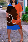 Orange Blue Fashion Casual Print Basic V Neck Short Sleeve Dress