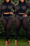 Black Fashion Sexy Solid Hollowed Out See-through O Neck Plus Size Two Pieces