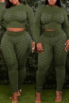 Army Green Fashion Sexy Solid Hollowed Out See-through O Neck Plus Size Two Pieces